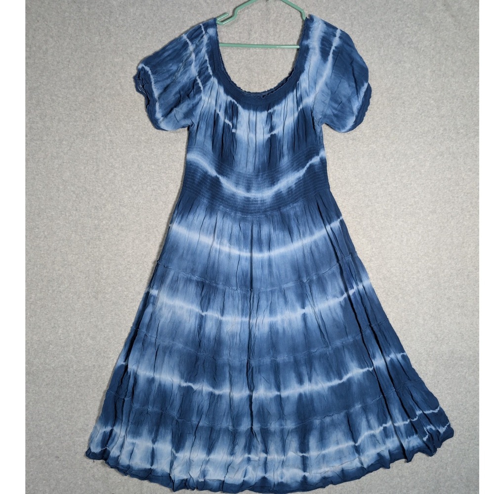 Seven Islands Midi Dress Womens Large Blue Tie Dye Hipppie Boho Tiered Beach